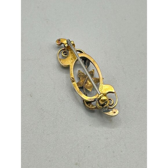 Antique 9kt 375 Gold Floral Brooch with Blue Gemstone Accent Bar Pin - Picture 3 of 9